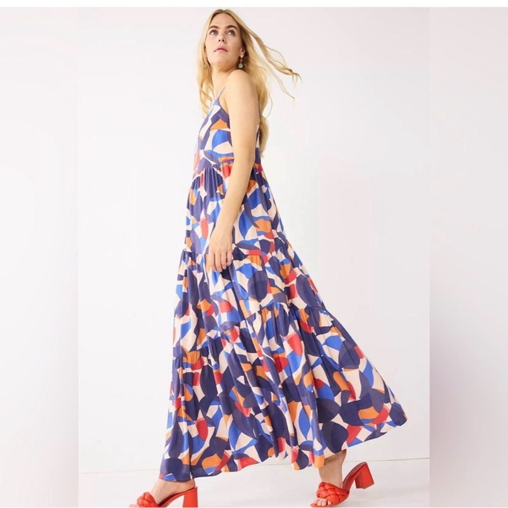 Nine West Maxi Tiered Asymmetrical Geometric Colorful Boho Resort dress Sz L
